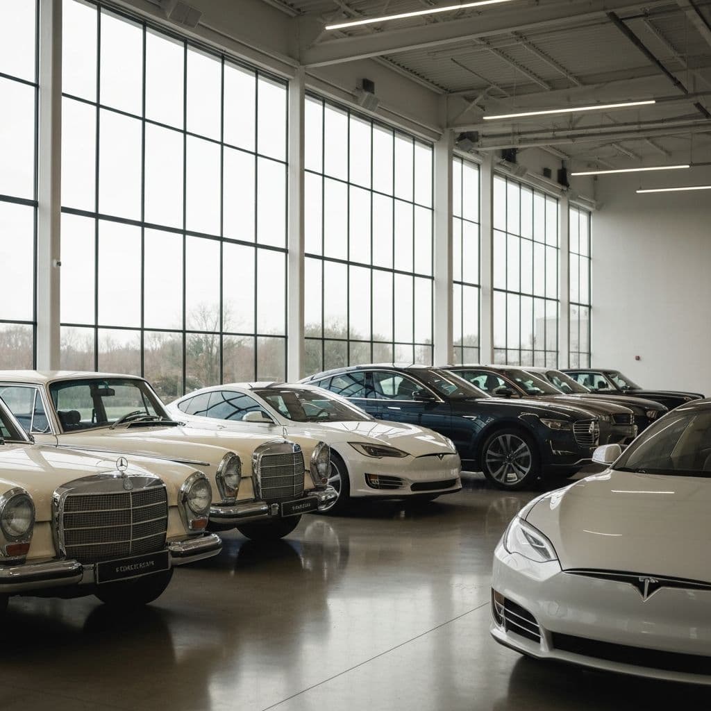 Premium cars lined up in an auction showroom